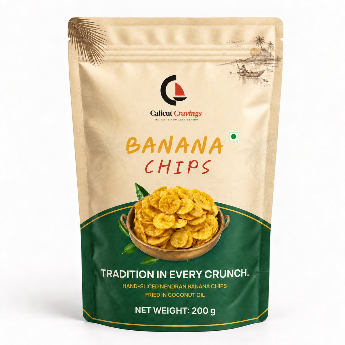 Calicut Cravings Kerala banana chips - 200 g kraft pouch with a brass bowl of thin-cut Nendran chips on the front.