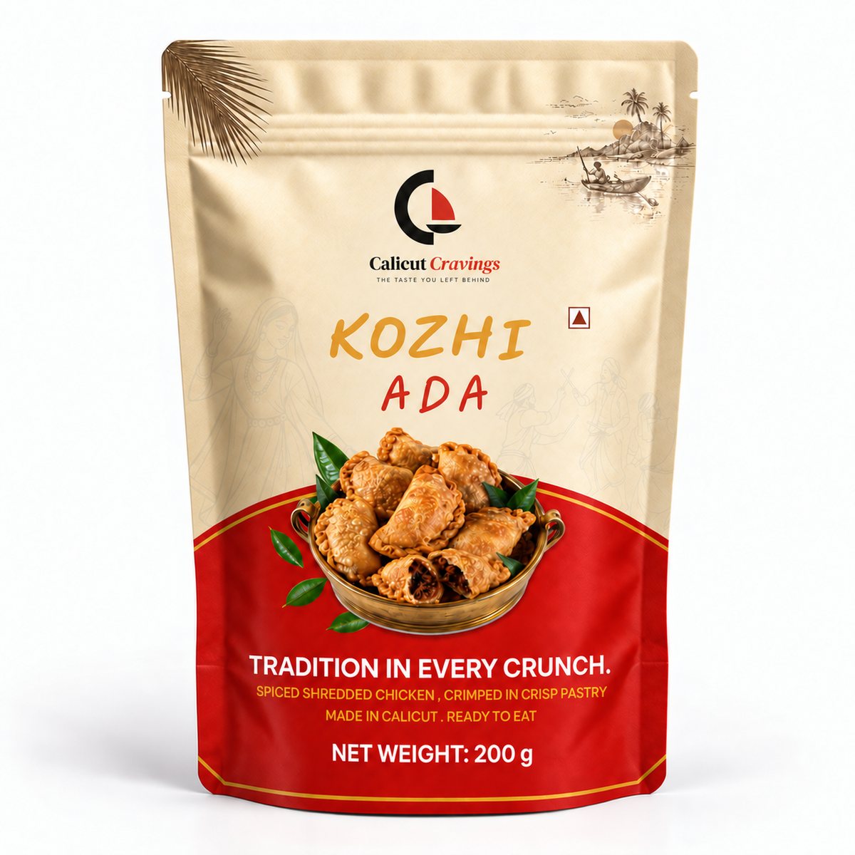 Calicut Cravings Kozhi Ada - the 200 g pack, its front panel showing the hand-crimped fried chicken pockets.
