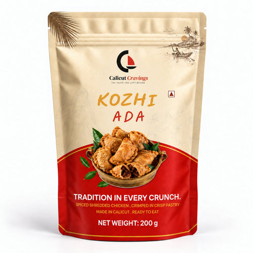 Calicut Cravings Kozhi Ada - the 200 g pack, its front panel showing the hand-crimped fried chicken pockets.